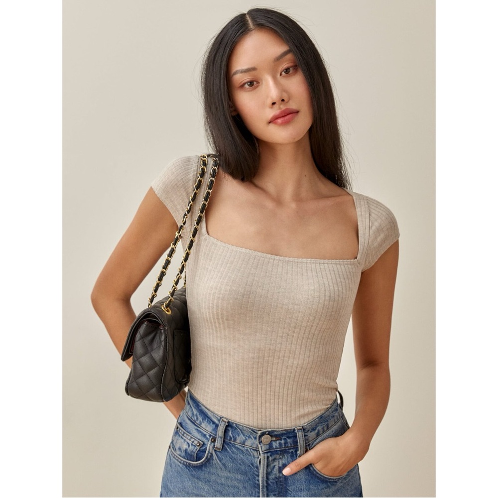 Reformation Beige Bardot Top